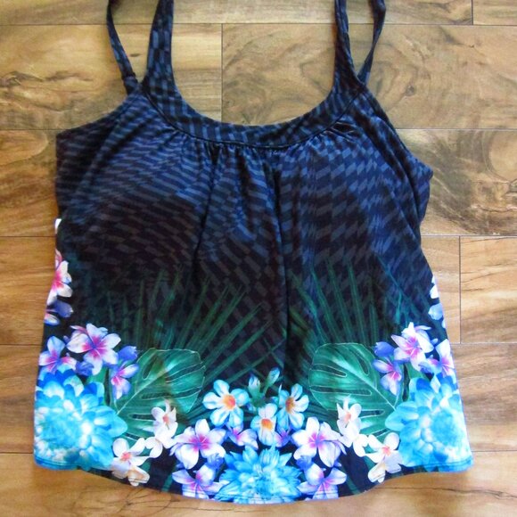 COCO REEF Black Print Floral Trim Bra lined Padded Underwire Tankini size 40C - Picture 1 of 8